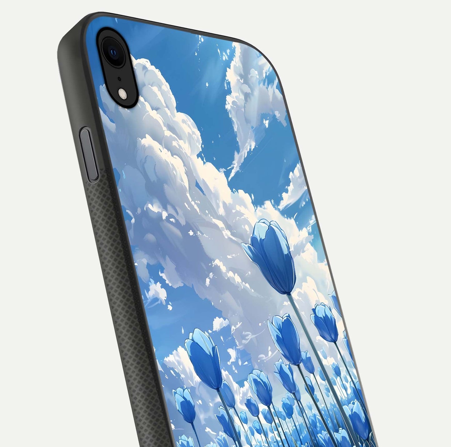 Blue Tulip Clouds Glass Case for iPhone Xr close-up image highlighting tulip petals, clouds, and reflection texture