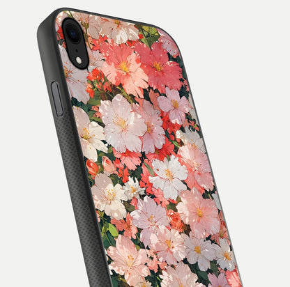 Blush Bloom Field Glass Case for iPhone Xr close-up shot capturing pastel flower field tones and gloss shine