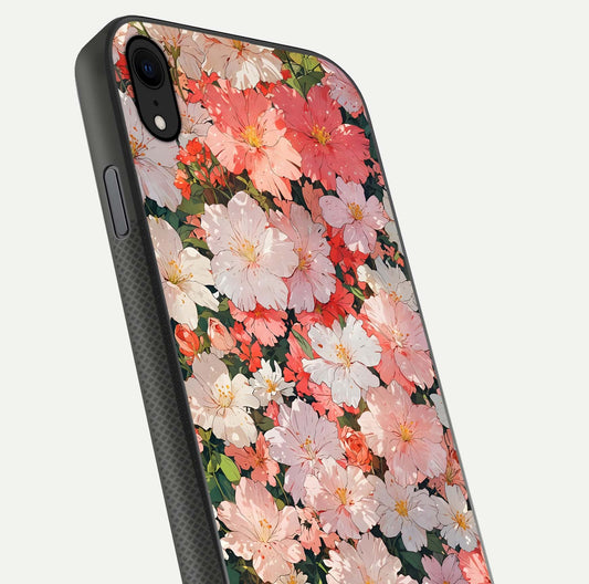 Blush Bloom Field Glass Case for iPhone Xr close-up shot capturing pastel flower field tones and gloss shine
