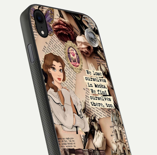 Bookish Dream World Glass Case for iPhone Xr close-up shot highlighting book elements and reflection gloss