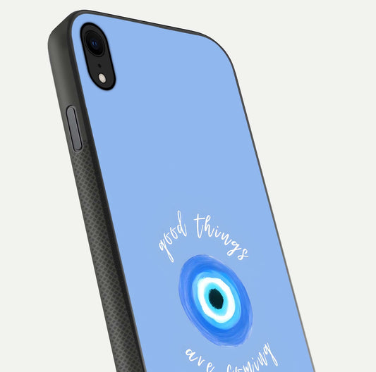Bright Future Ahead Glass Case for iPhone Xr close-up image highlighting bold quote text and HD reflection