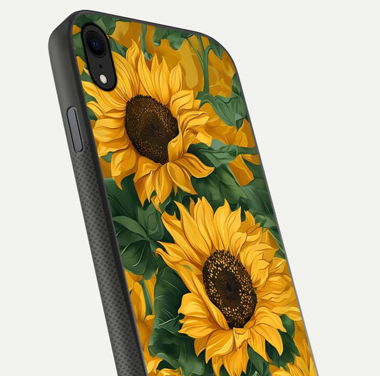 Bright Sunflower Bloom Glass Case for iPhone Xr close-up image highlighting yellow petal detail and HD reflection