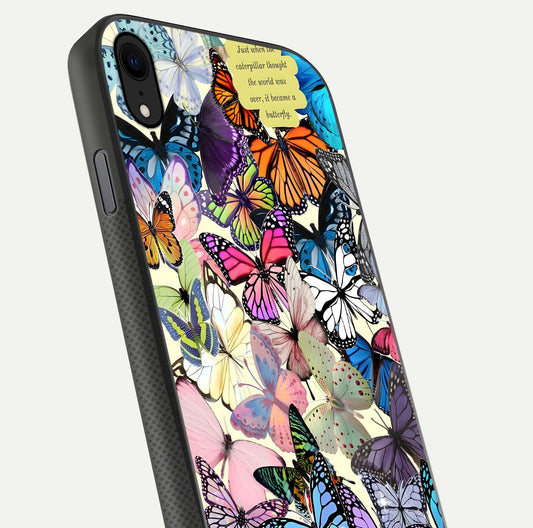 Butterflies Petal Dream Glass Case for iPhone Xr close-up highlighting butterfly wings and pink petal gloss