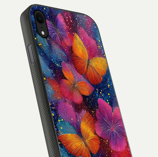 Butterfly Dream Mist Glass Case for iPhone Xr close-up capturing wing pattern detail and glossy finish texture