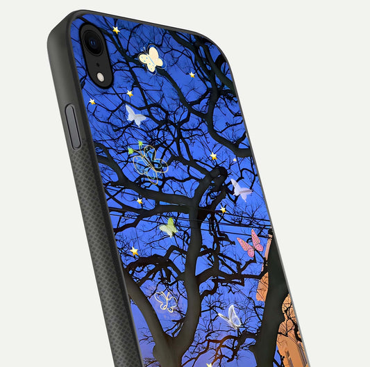Butterfly Night Magic Glass Case for iPhone Xr close-up highlighting wings reflection and gloss shimmer
