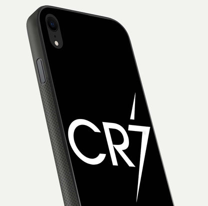 CR7 Elite Strike Glass Case for iPhone Xr close-up highlighting CR7 artwork and shine reflection