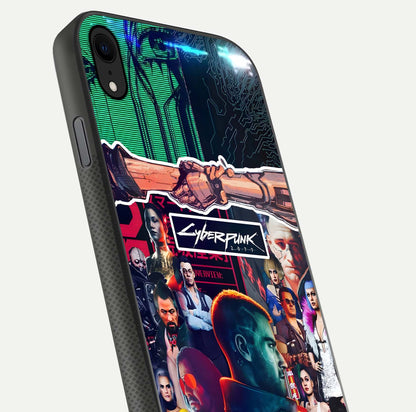 CYBERPUNK Legacy Glass Case for iPhone Xr close-up highlighting circuit texture and reflection tone