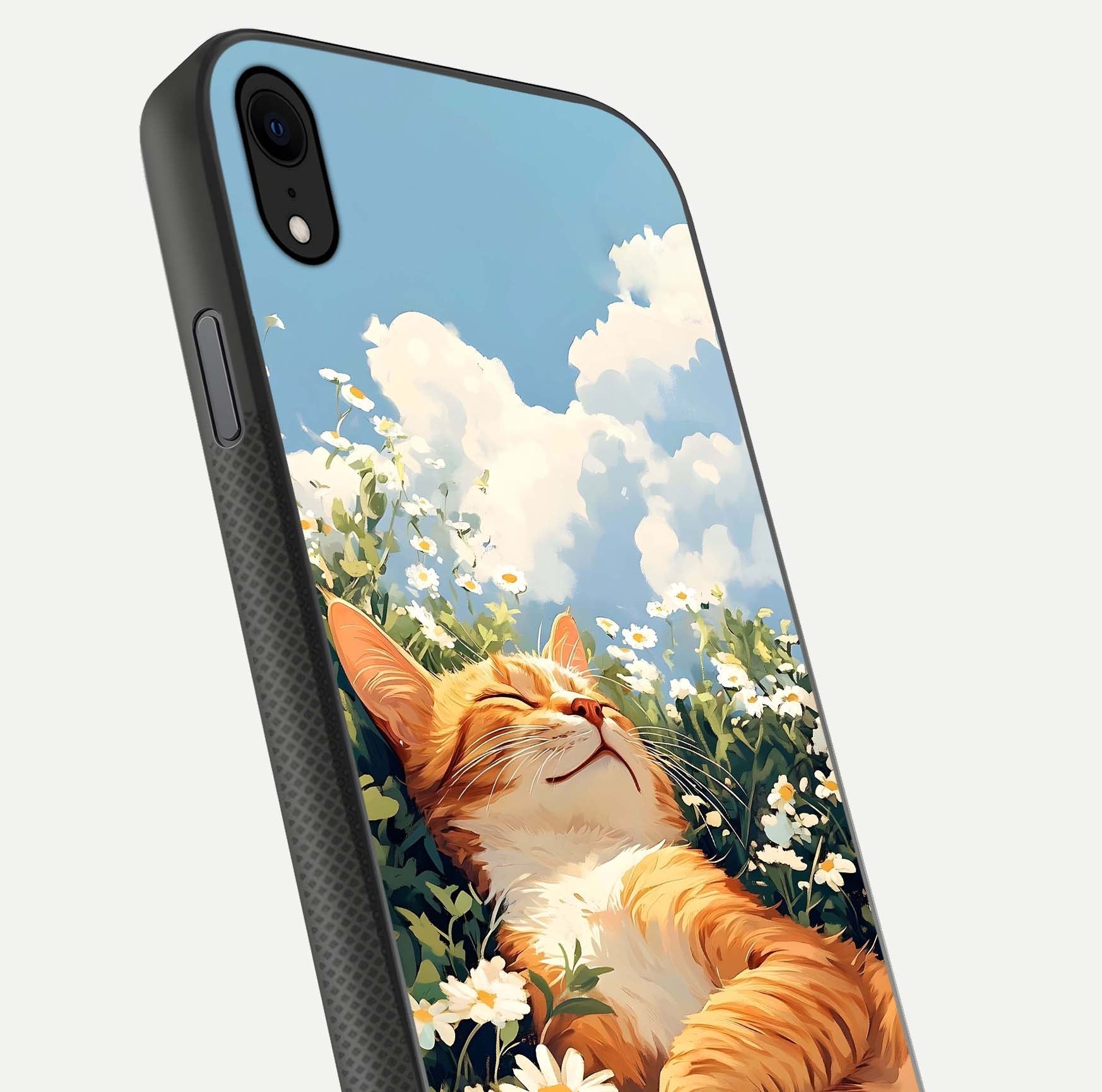 Cat & Flowers View Glass Case for iPhone Xr close-up view highlighting cat expression and petal detail
