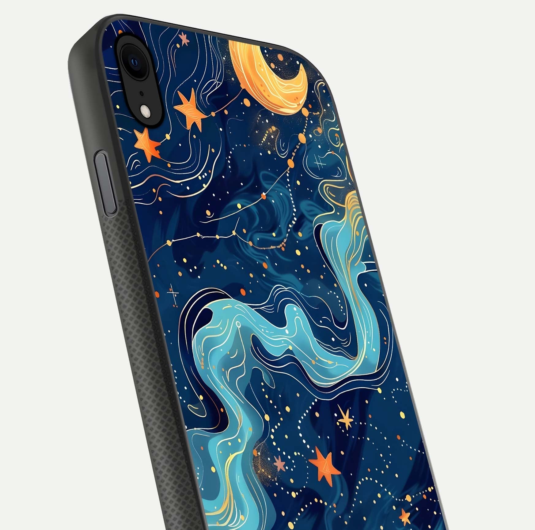 Celestial Dream Flow Glass Case for iPhone Xr close-up highlighting star reflections and smooth glow gradient