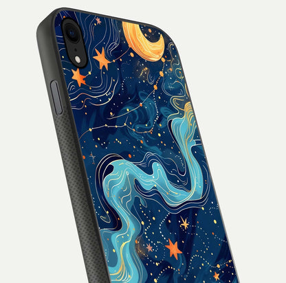 Celestial Dream Flow Glass Case for iPhone Xr close-up highlighting star reflections and smooth glow gradient