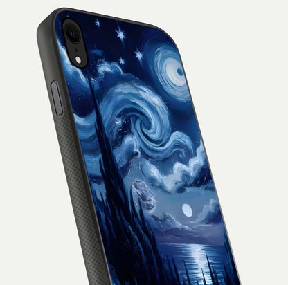 Celestial Dream Van Gogh Glass Case for iPhone Xr close-up view capturing vivid brush details and star reflection