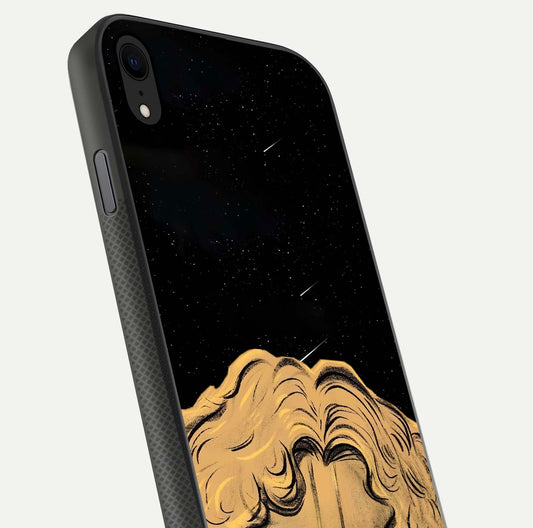 Celestial God’s Plan Glass Case for iPhone Xr close-up angled shot highlighting celestial details and reflection