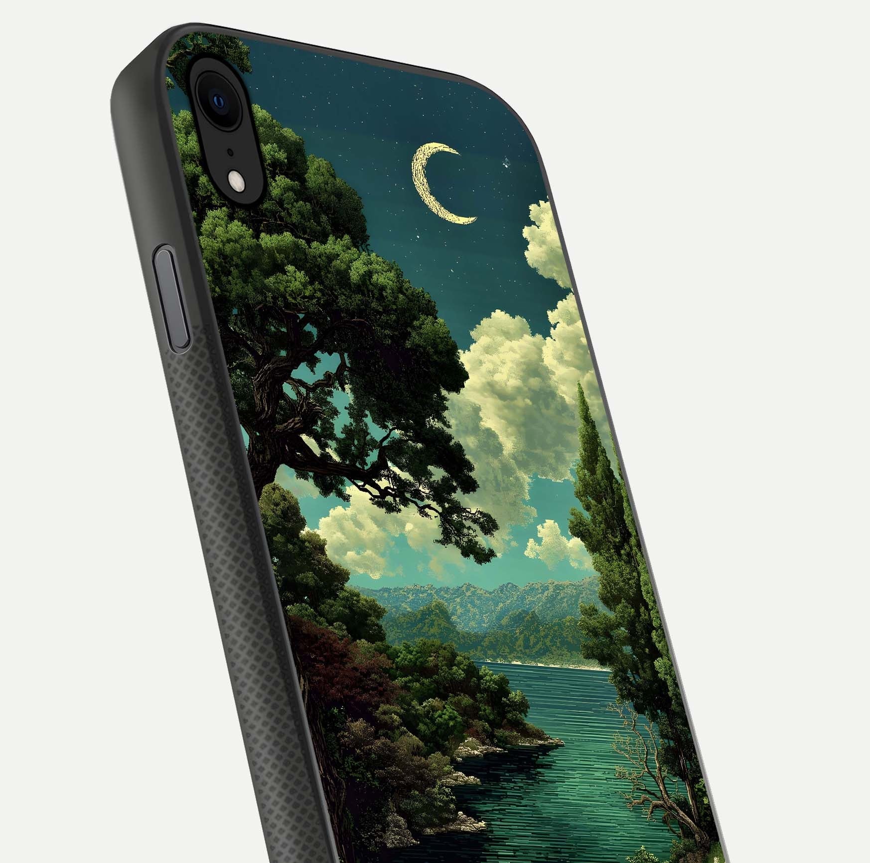 Celestial Lake Peace Glass Case for iPhone Xr close-up highlighting moon reflection and glossy texture