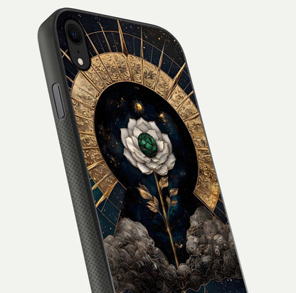 Celestial Lotus Morang Glass Case for iPhone Xr close-up highlighting pink lotus petals and reflection