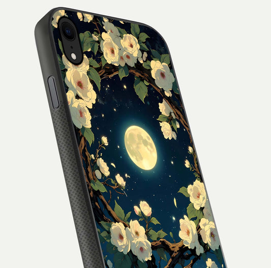 Celestial Moon & Flower Glass Case for iPhone Xr close-up capturing petal reflection and moonlight contrast