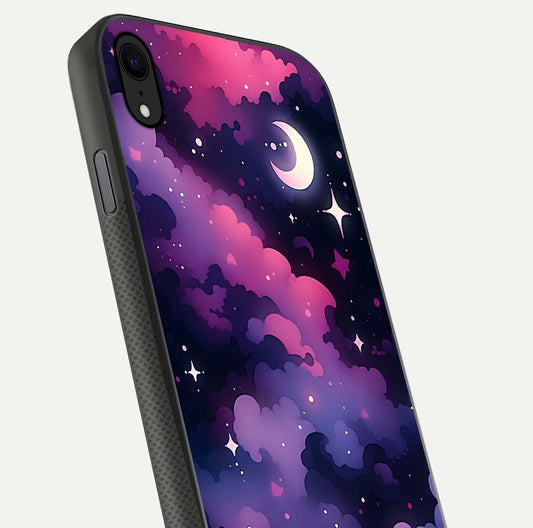 Celestial Moon Magic Glass Case for iPhone Xr close-up view highlighting moon crater detail and glass shine