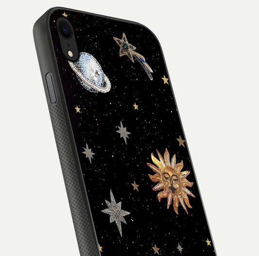 Celestial Moon With Stars Glass Case for iPhone Xr close-up showing cosmic reflection and HD shine