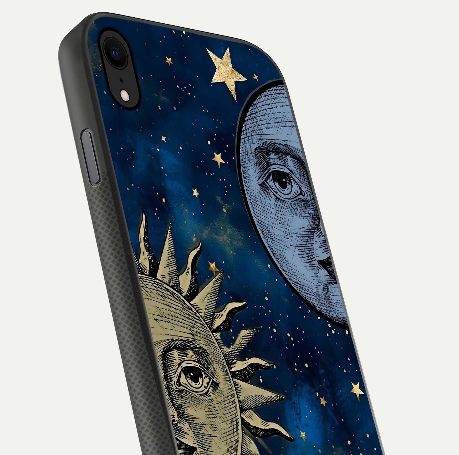 Celestial Moon With Sun Glass Case for iPhone Xr close-up highlighting fine celestial detail and polish reflection
