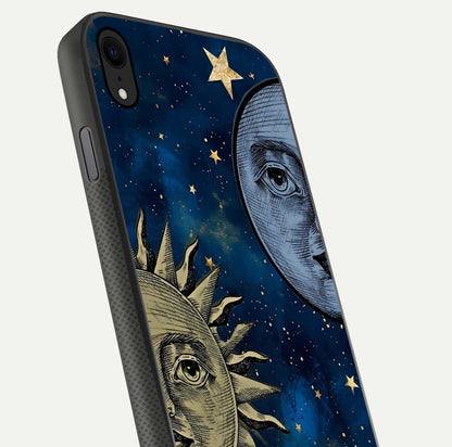 Celestial Moon With Sun Glass Case for iPhone Xr close-up highlighting fine celestial detail and polish reflection