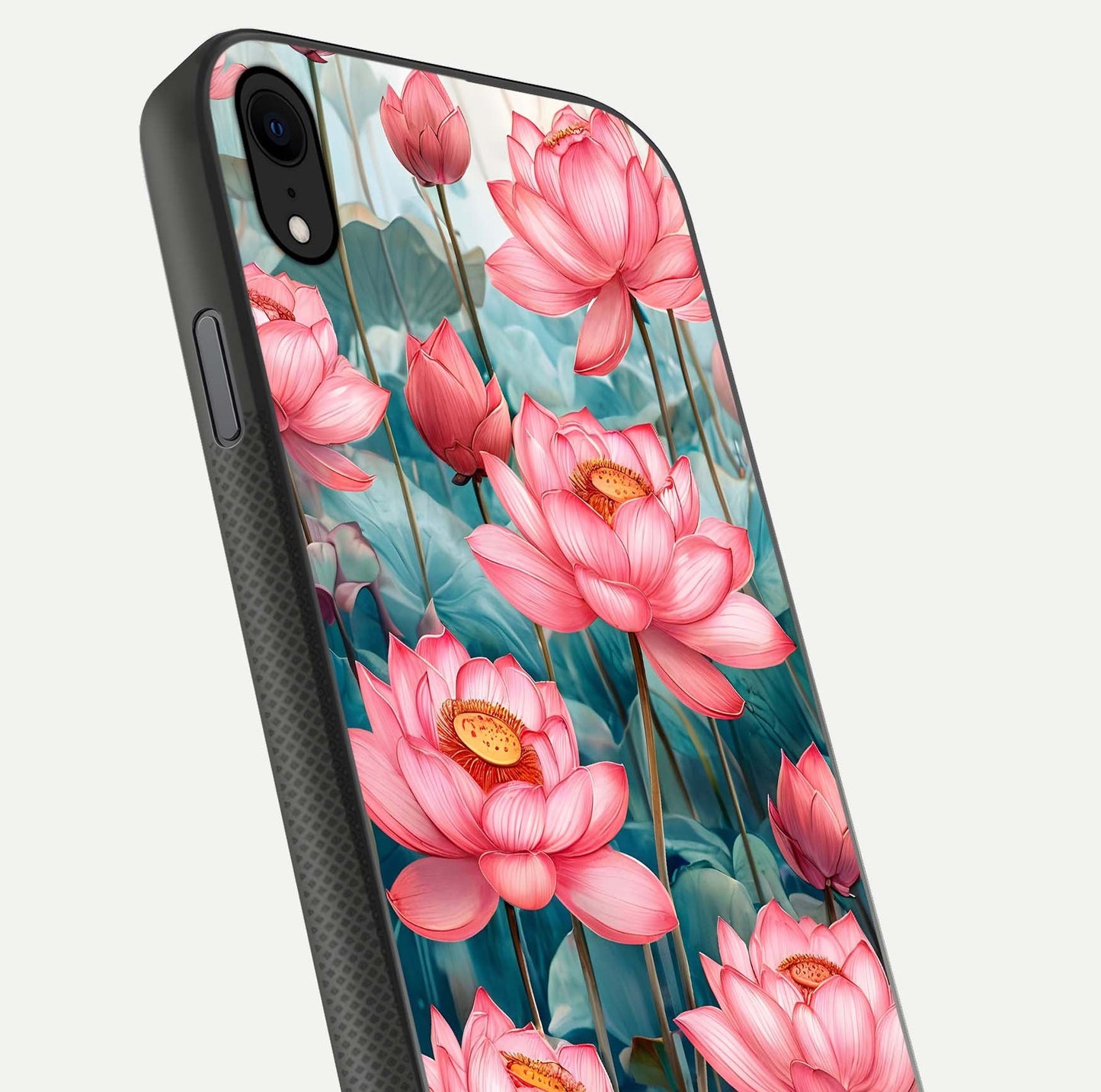 Celestial Pink Lotus Glass Case for iPhone Xr close-up highlighting petal detail and HD glass reflection