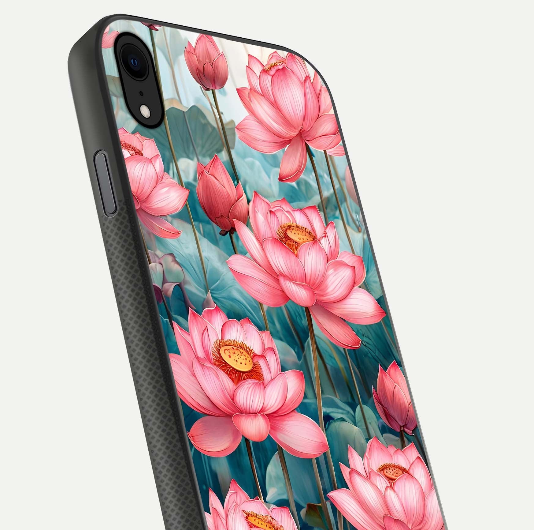 Celestial Pink Lotus Glass Case for iPhone Xr close-up highlighting petal detail and HD glass reflection