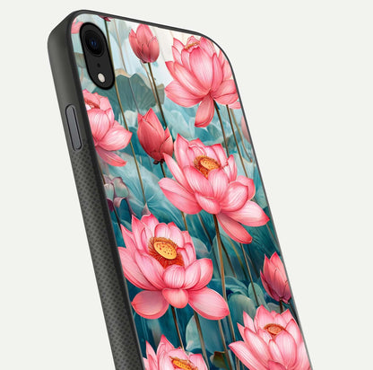 Celestial Pink Lotus Glass Case for iPhone Xr close-up highlighting petal detail and HD glass reflection