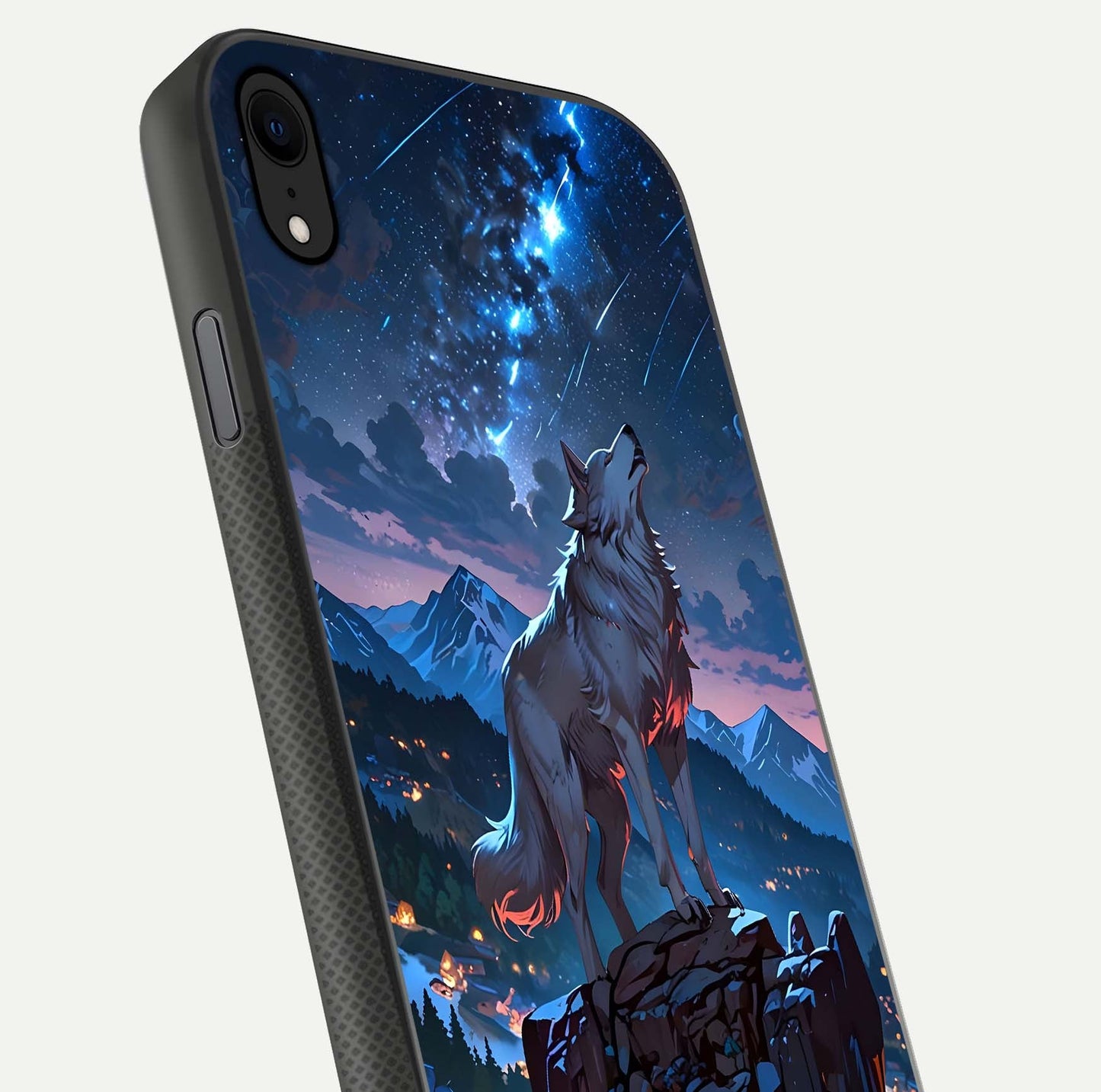Celestial Wolf Howl Glass Case for iPhone Xr close-up showing wolf silhouette and glowing moon reflection