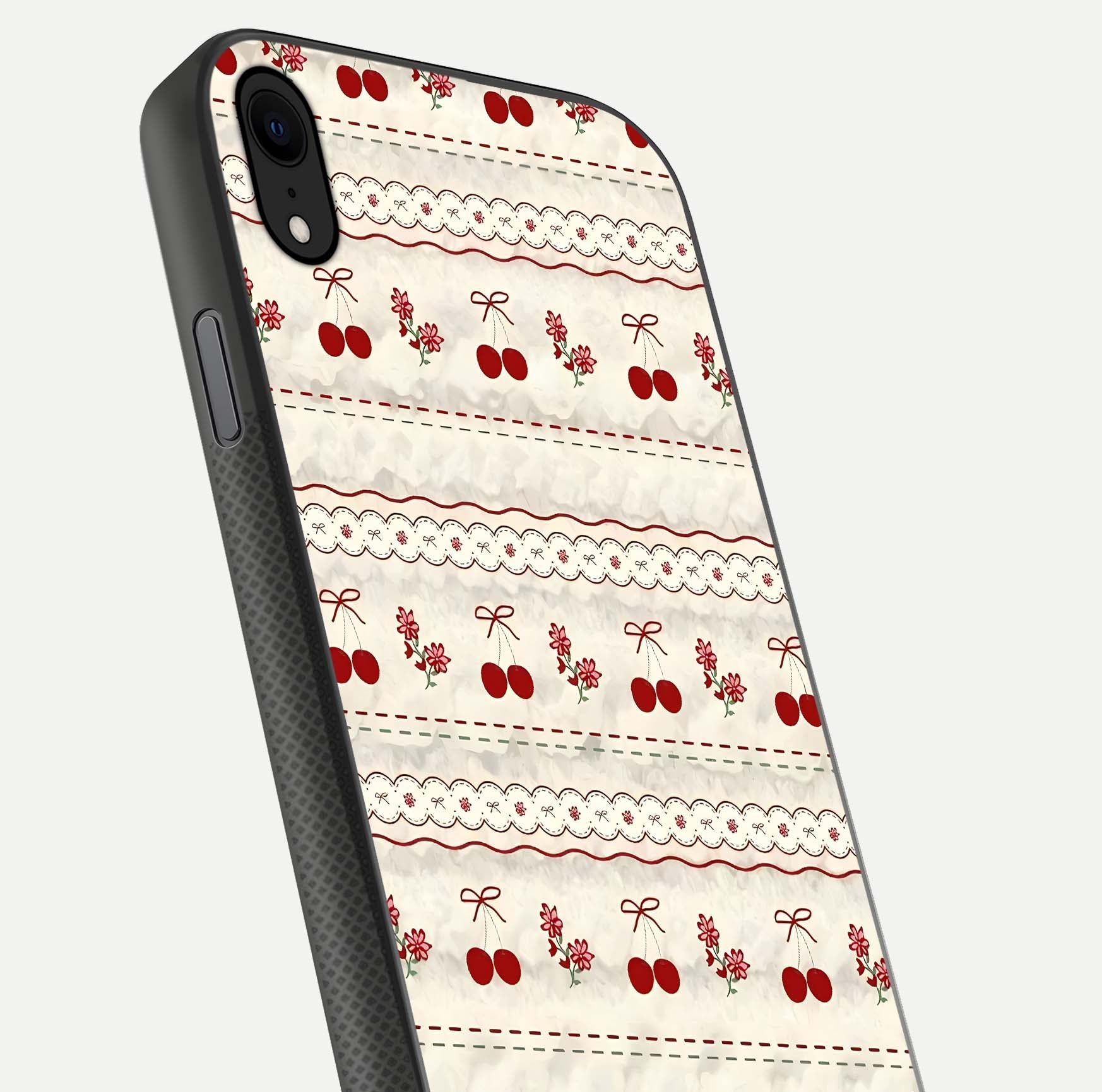 Cherry Bloom Charm Glass Case for iPhone Xr close-up showing pink petals and reflection detail