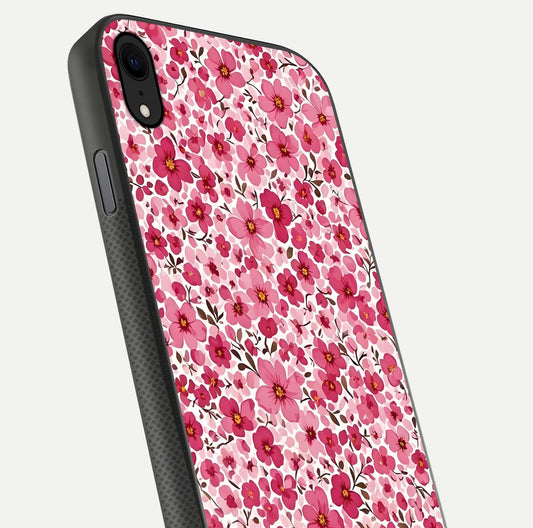 Cherry Blossom Charm Glass Case for iPhone Xr close-up highlighting petal gradient and reflection shine