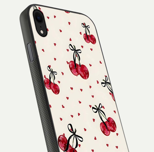 Cherry Heart Bow Glass Case for iPhone Xr close-up highlighting small bows, cherry red tones, and gloss shine