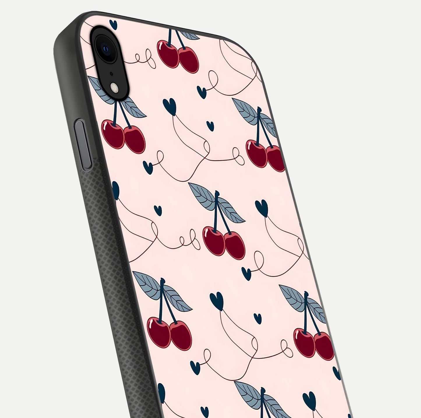 Cherry Heart Line Glass Case for iPhone Xr close-up showing heart outline and HD reflection gloss