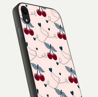 Cherry Heart Line Glass Case for iPhone Xr close-up showing heart outline and HD reflection gloss