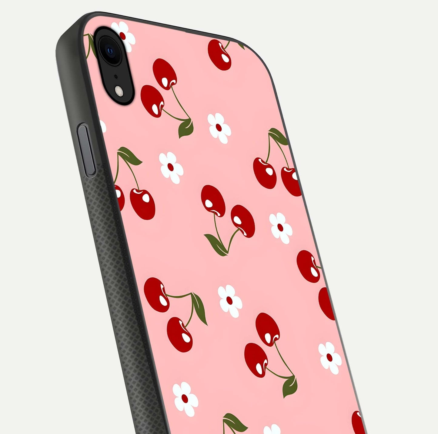 Cherry Love Mood Glass Case for iPhone Xr close-up highlighting cherry heart pattern and reflection shine