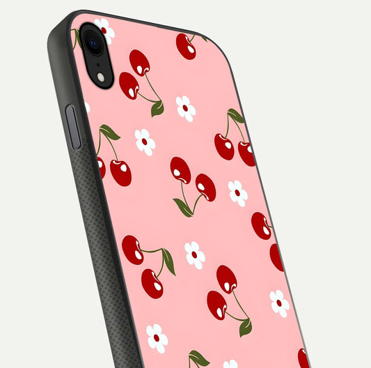 Cherry Love Mood Glass Case for iPhone Xr close-up highlighting cherry heart pattern and reflection shine