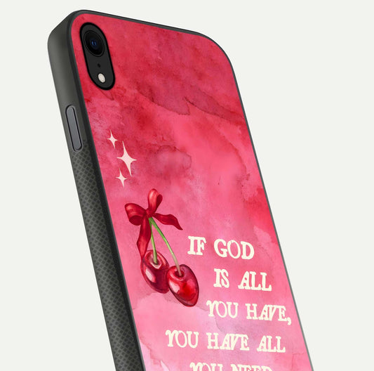 Cherry Quote Glass Case for iPhone Xr close-up showing printed quote detail and HD reflection gloss