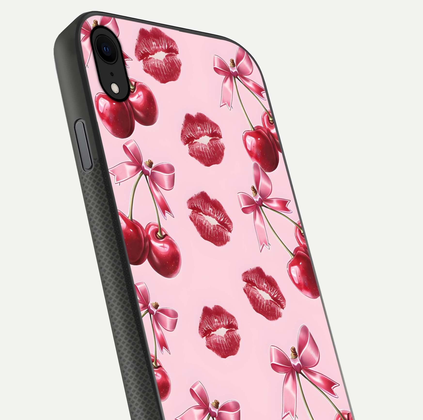 Cherry With Lips Glass Case for iPhone Xr close-up view highlighting lips texture and reflection shine