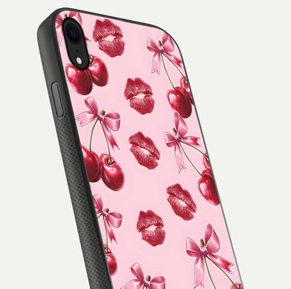 Cherry With Lips Glass Case for iPhone Xr close-up view highlighting lips texture and reflection shine