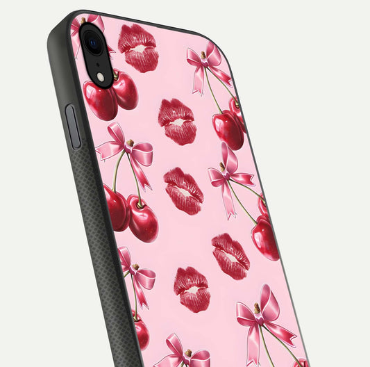 Cherry With Lips Glass Case for iPhone Xr close-up view highlighting lips texture and reflection shine