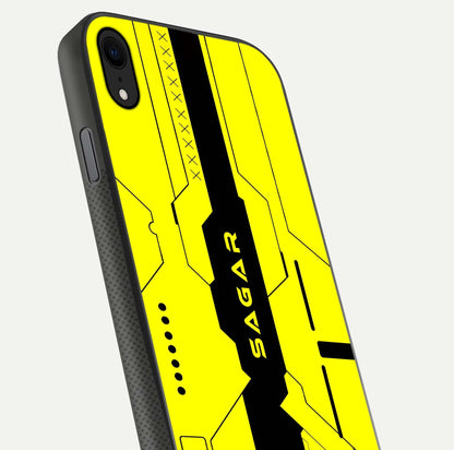 Circuit CYBERPUNK Custom Name Glass Case for iPhone Xr close-up highlighting neon lines, futuristic tones, and gloss reflection