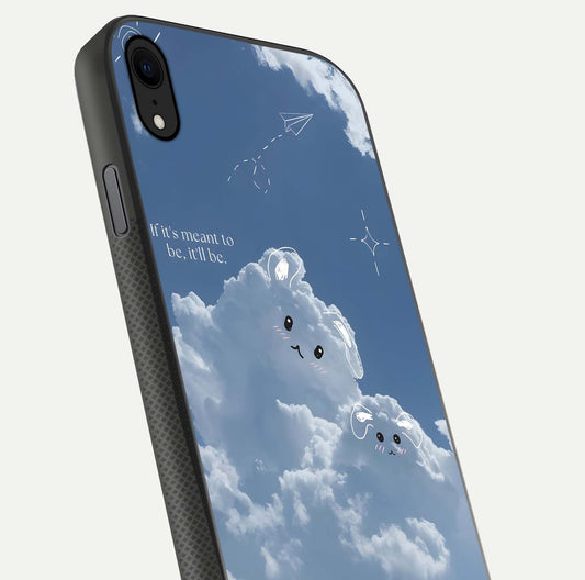 Cloud Bunny Dreams Glass Case for iPhone Xr close-up showing bunny art, dreamy clouds, and HD shine