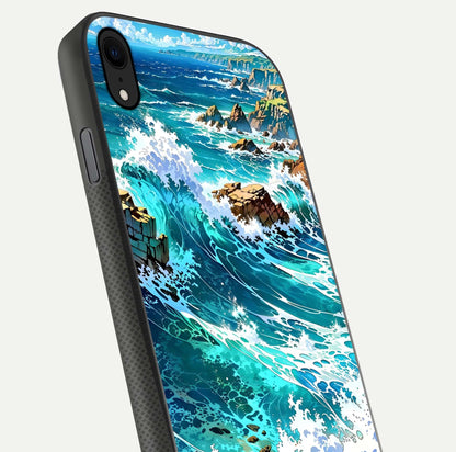 Coastal Blue Waves Glass Case for iPhone Xr close-up highlighting wave texture and blue shine