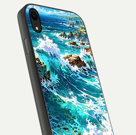 Coastal Blue Waves Glass Case for iPhone Xr close-up highlighting wave texture and blue shine