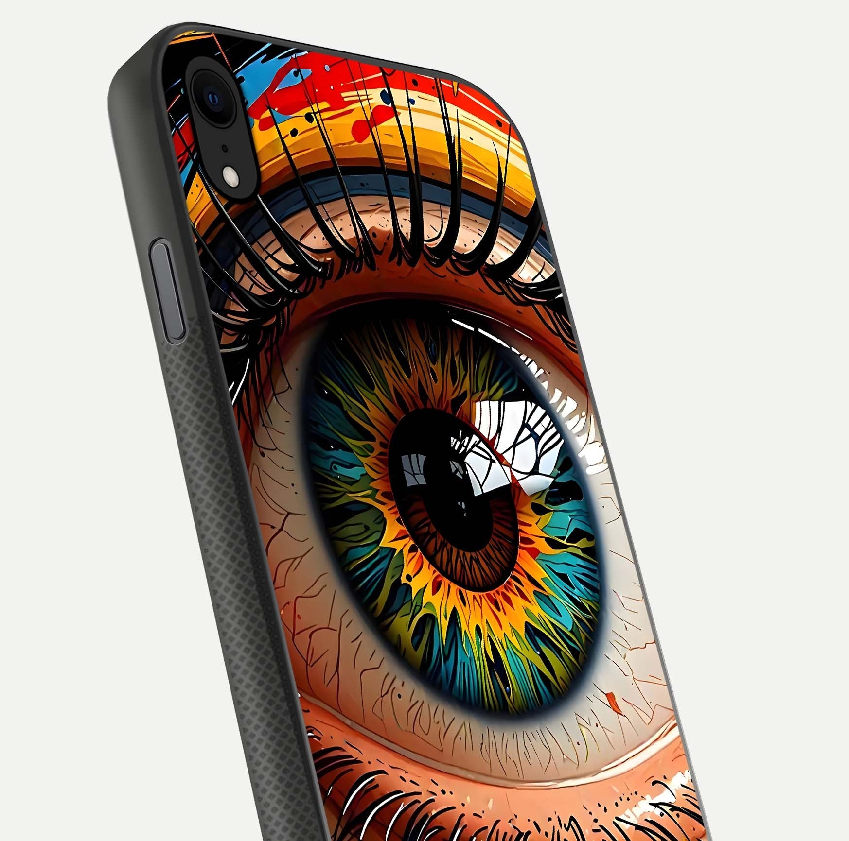 Colorful Eye Glass Case for iPhone Xr close-up highlighting eye pattern detail and reflection shine