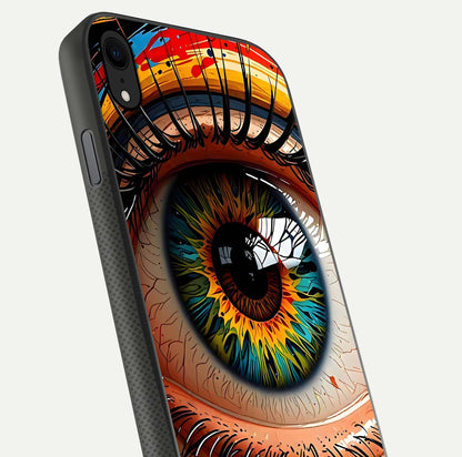 Colorful Eye Glass Case for iPhone Xr close-up highlighting eye pattern detail and reflection shine