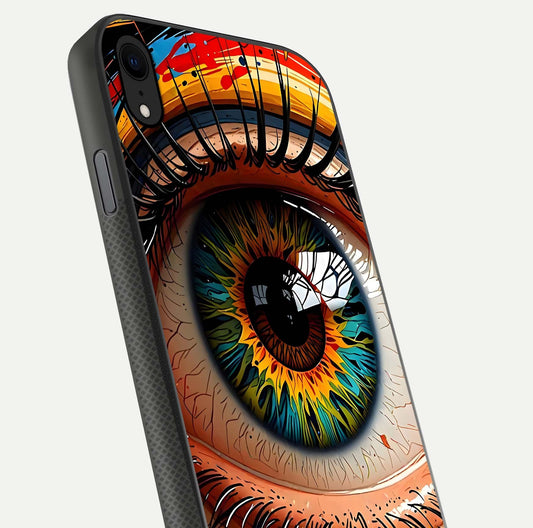 Colorful Eye Glass Case for iPhone Xr close-up highlighting eye pattern detail and reflection shine