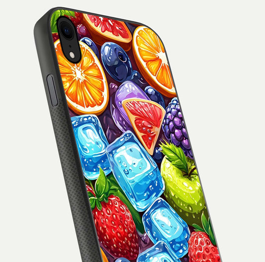 Colorful Fruits with Ice Glass Case for iPhone Xr close-up highlighting fruit color and reflection glow