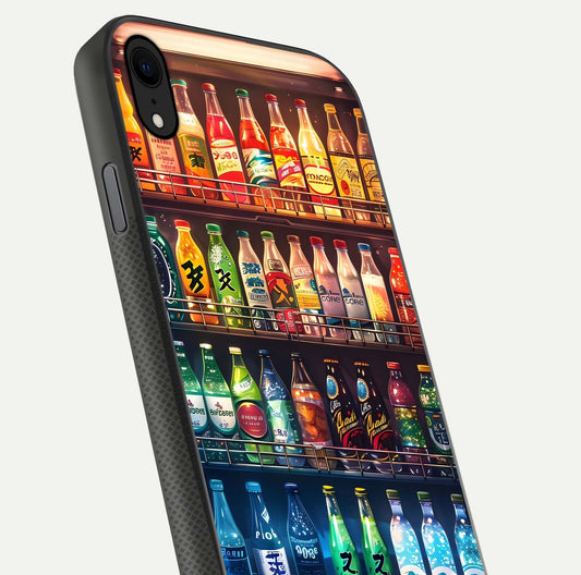 Colorful Soda Bottles Glass Case for iPhone Xr close-up showing colorful bottles and HD reflection