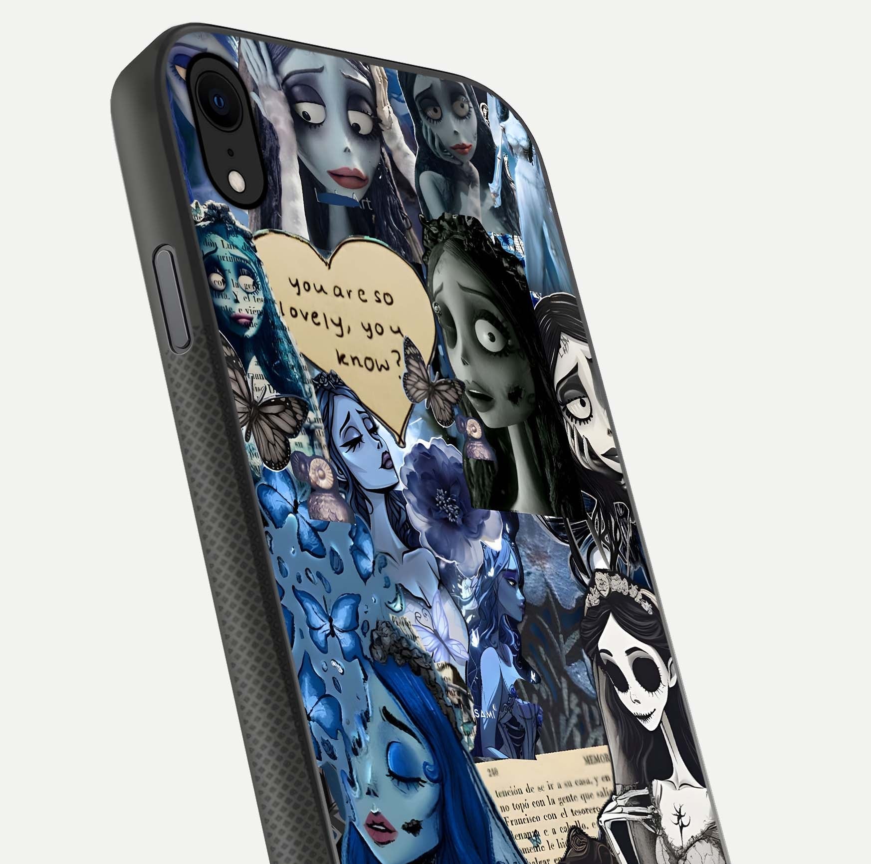 Corpse Bride Posters Glass Case for iPhone Xr close-up highlighting detailed artwork and reflection polish