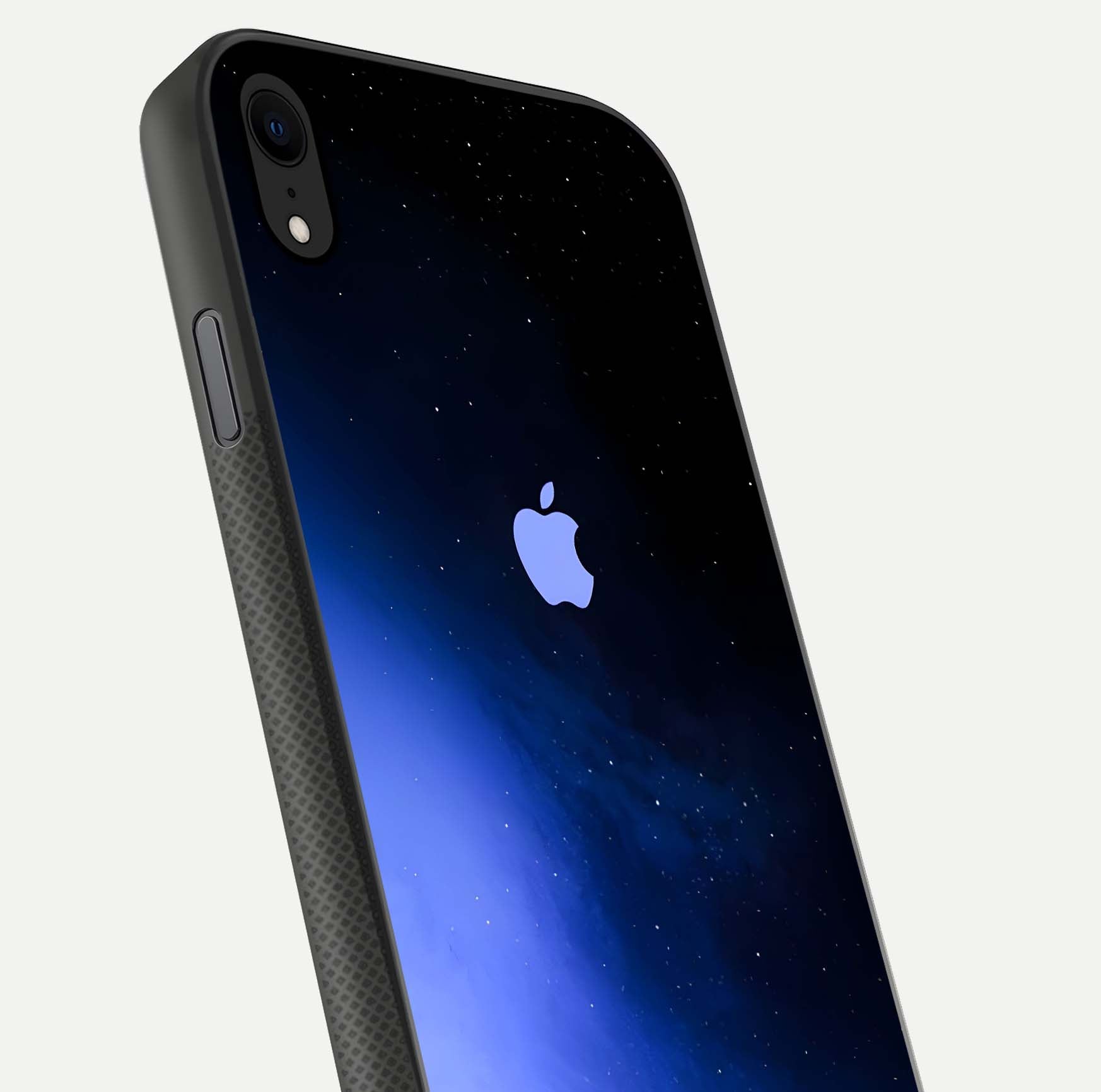 Cosmic Blue Apple Glass Case for iPhone Xr close-up highlighting galaxy pattern, shine, and reflection detail