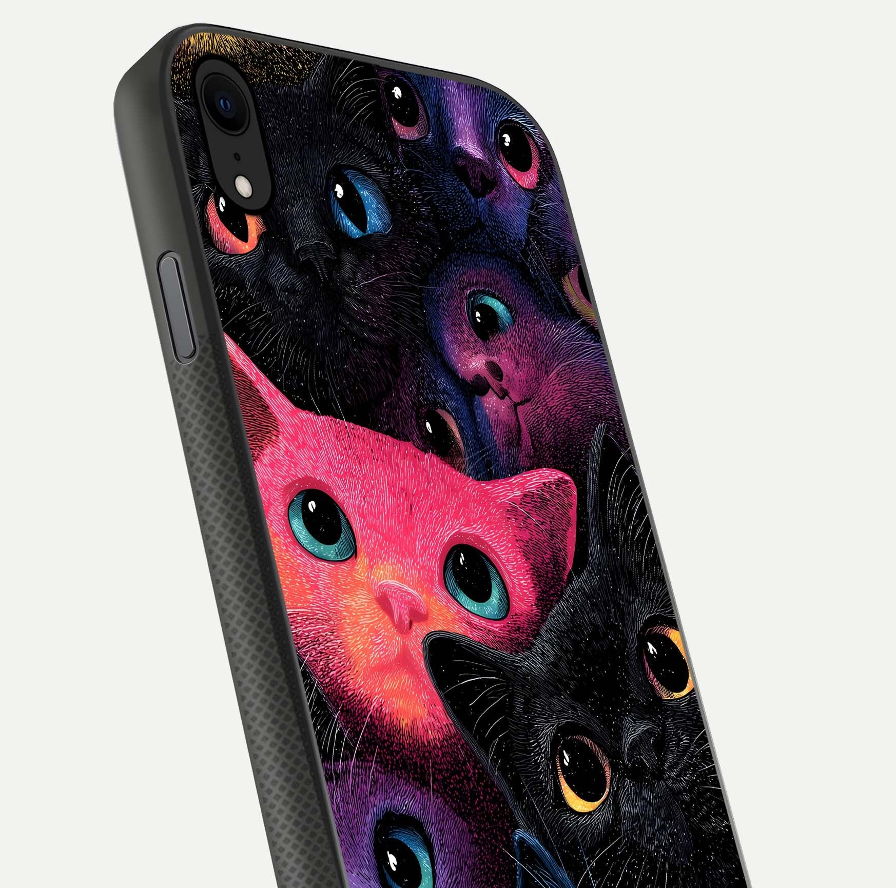 Cosmic Cats Dreams Glass Case for iPhone Xr close-up highlighting cats and cosmic glow reflection